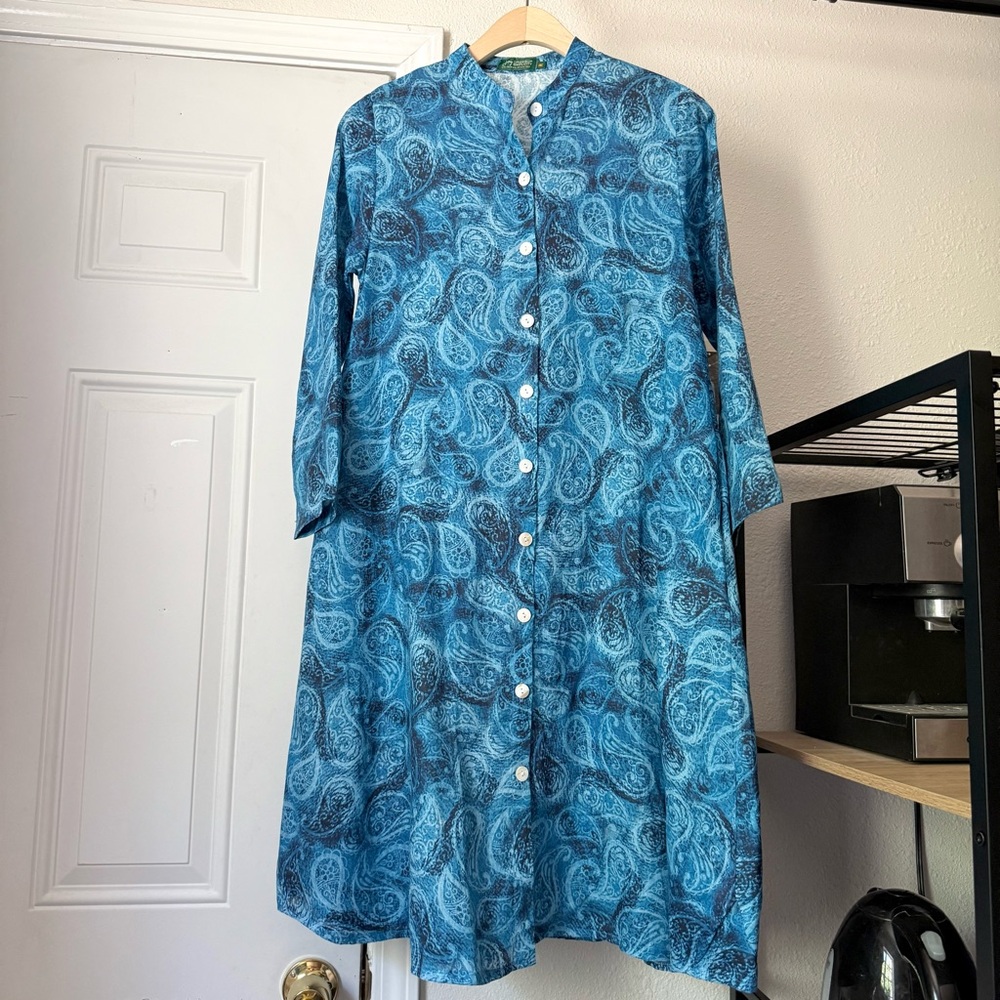 JOY DRESS UP SIMPLICITY blue‎ paisley linen button up long sleeve shirt dress